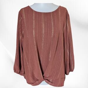 3rd & Malt XL Burnt Orange & Gold Blouse With Knot Front & Scrunched Sleeves